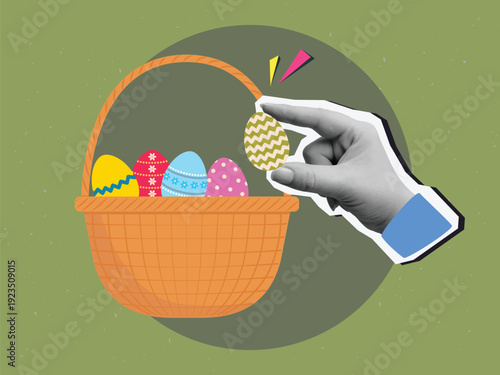 A hand places a decorated Easter egg into a wicker basket. Modern collage style. Vector illustration