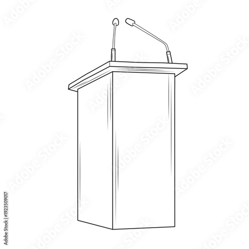 A podium for presentations with microphones. Lecturer's lectern. Hand-drawn outline vector illustration isolated on a white background