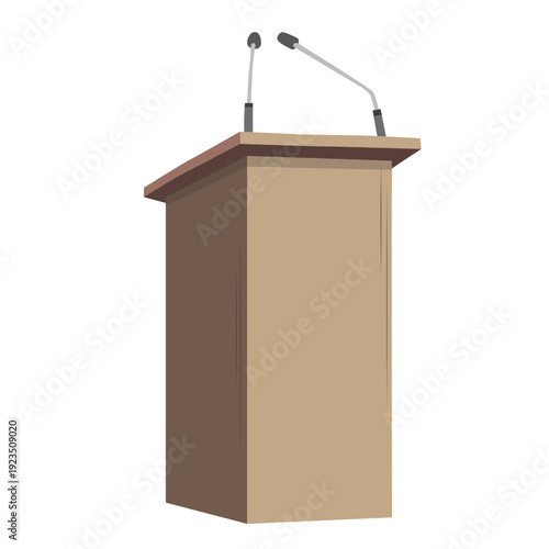 A podium for presentations with microphones. Lecturer's lectern. Flat color vector illustration isolated on a white background