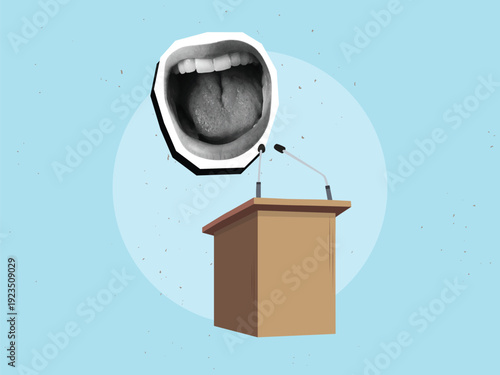 An open mouth behind a podium with microphones. Public speaking concept. Modern collage style. Vector illustration