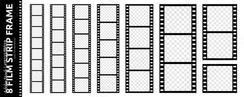 Black Film Reel Strip Frame Set is Transparent Space for Photo or Video. Cinema Movie Film Camera Roll Kit. Photo Booth Reel Strip Frame Collection. Vector Png Graphic Clipart Element