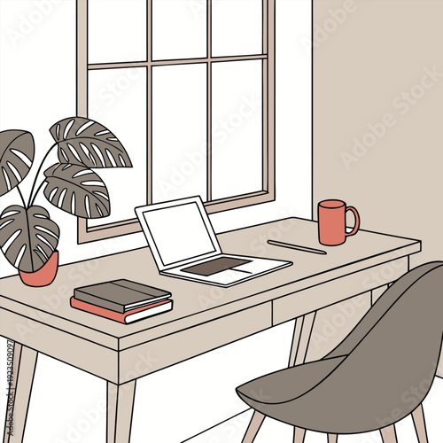 Modern Minimal Home Office Workspace with Laptop and Plant