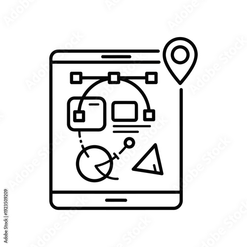 Minimalist digital illustration of a location pin searching on a tablet screen with map and navigation icons, ideal for travel, GPS, and tech concepts.