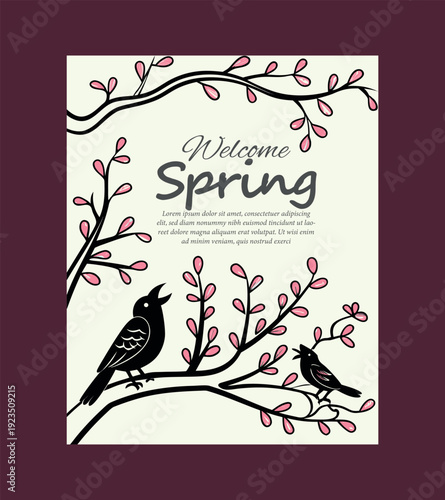 Welcome spring illustration with birds on blooming branches