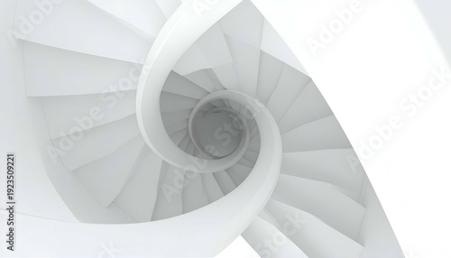 Overhead view of a pristine white spiral staircase, creating a mesmerizing abstract design