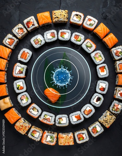 A circular arrangement of sushi on a dark surface with a blue design