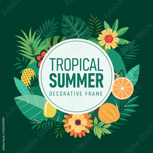 Tropical summer decorative frame with exotic leaves and fruits