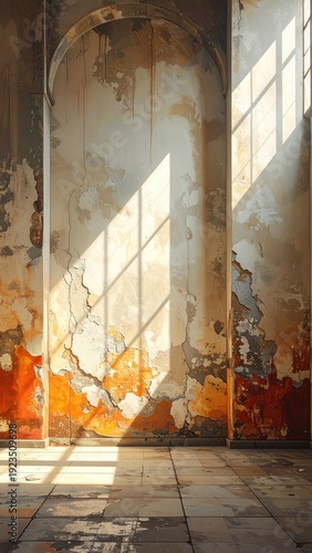 Distressed walls with light shafts, room