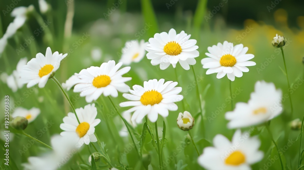 Fototapeta premium Field of Delicate White Daisies Blooming Amidst Fresh Green Grass in a Sunny Meadow
