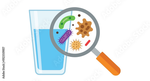 Magnifying glass revealing dangerous microbes and germs contaminating a refreshing glass of water.
