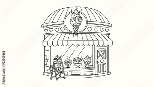 Cute ice cream shop facade with hearts and ice cream cones for decoration