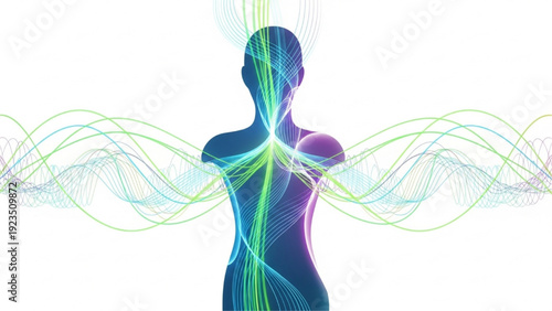 Abstract representation of human energy flow and inner balance, depicted with vibrant light waves