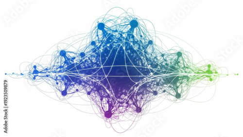 Abstract network visualization with interconnected nodes and flowing lines in blue and green hues