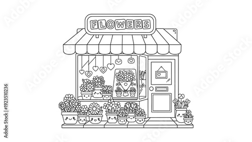 Cute kawaii flower shop with smiling potted plants and hanging hearts
