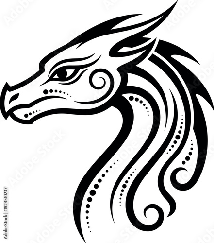 Black and white dragon illustration, tribal tattoo design, fierce mythical creature artwork, fantasy animal drawing, sharp horned dragon head, bold artistic style