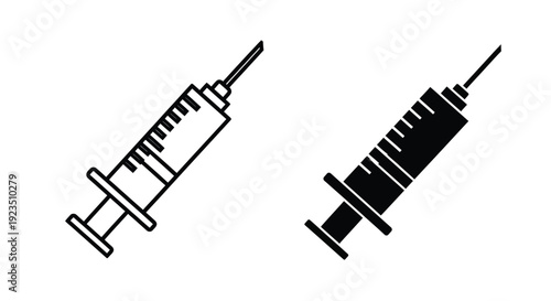 Simple black and white syringe icons depicting medical healthcare and vaccination concepts for graphic design