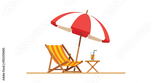 Beach relaxation setup featuring a striped deck chair under a large red and white umbrella