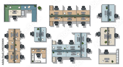Office space layout designs showcasing various workstation arrangements and configurations.