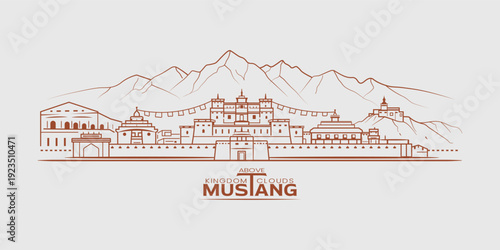 Vintage Mustang Kingdom Skyline Illustration in Terracotta Tone