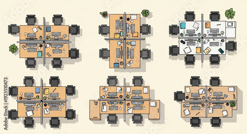 Office space layout with multiple workstations and chairs arranged for collaboration and productivity.