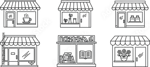 Various Storefront Icons: Simple outline illustrations showcasing a collection of diverse store fronts, ideal for graphic design and conceptual representations.