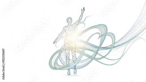 Abstract human form with flowing light trails in a heart shape