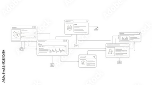 Flowchart of interconnected business process modules with data visualization elements
