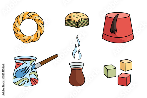 Turkish traditional tea party elements set - coffee cezve, tea cup, baklava, sesame bagel, star and crescent, delight, fez. Vector collection isolated on white.