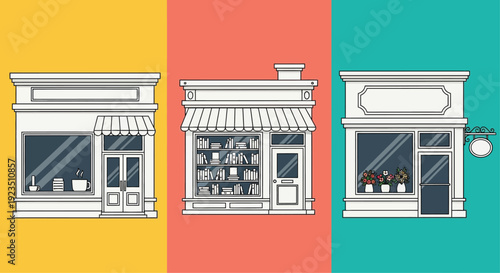 Shops on the Street: A row of charming shops is displayed against vibrant backgrounds. Each shop showcases its unique architectural design.