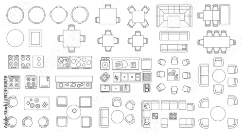 Architectural floor plan blueprints showcasing various furniture arrangements and room layouts.