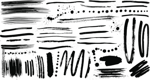 Hand-drawn grunge ink brush strokes and splatters set. Abstract artistic design elements vector illustration for creative projects and backgrounds.
