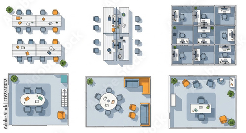 Office space layouts showcasing various meeting room and workspace designs for collaboration.