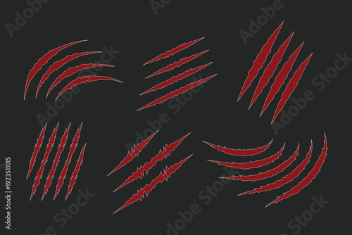 red color Realistic Animal claw scratches mark silhouette set illustration. Cat claw scratches and paw prints collection vector. Eps 10