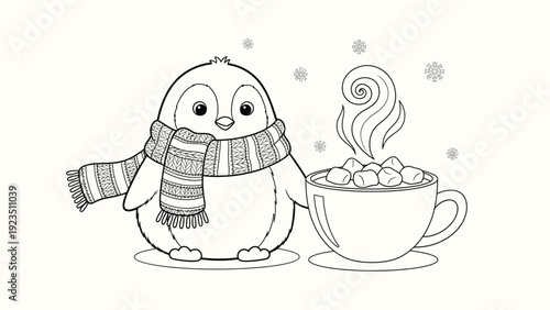 Cute penguin with scarf and hot chocolate in winter outline coloring page