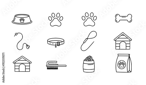 Dog care and accessories line icon vector set