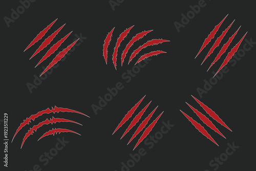 Realistic Animal claw scratches mark silhouette red color vector illustration. Claws beast ripped marks. Eps 10