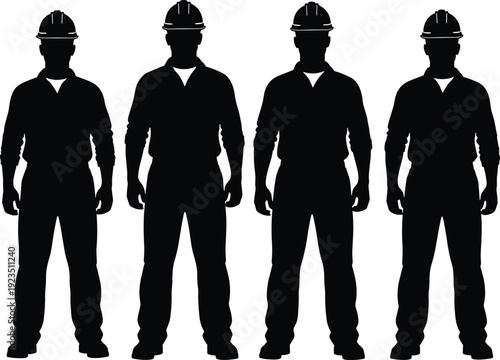 Four professional construction workers silhouettes standing in a row wearing hard hats and safety workwear on a plain white background