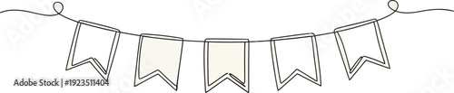 Continuous line art drawing buntings garland. Vector illustration 
Continuous line art drawing buntings garland. Celebration party hand drawn flags. Continuous line drawing. Buntings garland. Party 