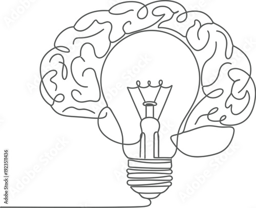 Minimalist continuous line drawing beautifully conceptualizes the brilliant connection between the human brain and a glowing lightbulb representing powerful creativity and insight