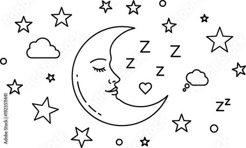 Adorable sleeping crescent moon surrounded by various stars clouds and zzz symbols creating a perfect nighttime dreamscape illustration outline