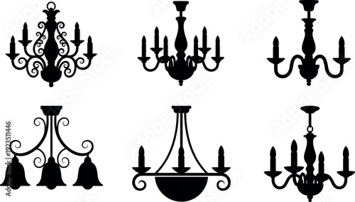 Black chandelier silhouette illustration, decorative lighting artwork, ornate lamp design, interior decor drawing, elegant hanging fixture, classic home decoration style