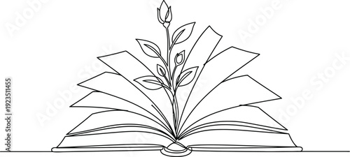 Opened book with sprout plant continuous one line drawing, Opened book with sprout plant in one continuous line drawing . Education study and knowledge concept in simple linear style. Growing .