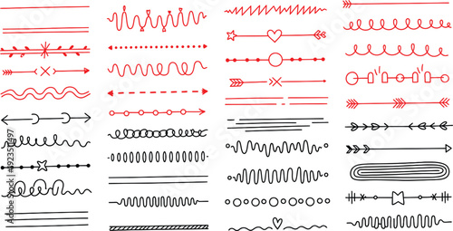 Hand drawn doodle dividers and borders set. Simple sketch lines, arrows, and decorative elements for page design, text separation, and bullet journal decoration. Vector illustration.