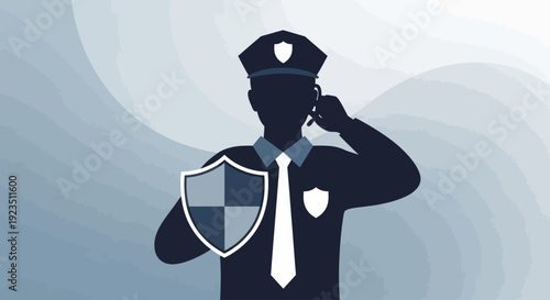 Professional security officer silhouette holding a protective shield and communicating on a mobile phone, symbolizing vigilance, protection, and effective response for safety and asset safeguarding