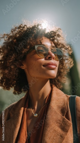 Golden Hour Glow: Stylish Woman with Freckles and Curly Hair generated by AI