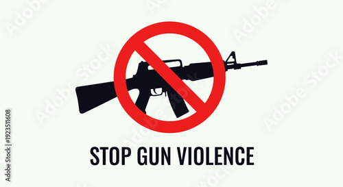 A powerful visual message advocating for peace and safety, featuring a stark no-gun symbol against a neutral background, urging an end to firearm violence and promoting community well-being