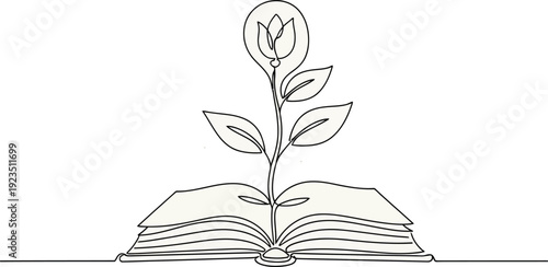 Continuous one line drawing of an open book with a growing plant sprout. Editable black stroke on a white background. Vector illustration.
