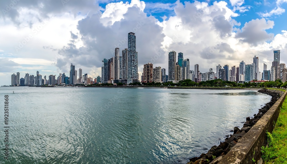 Obraz premium A city skyline along a waterfront with a cloudy sky