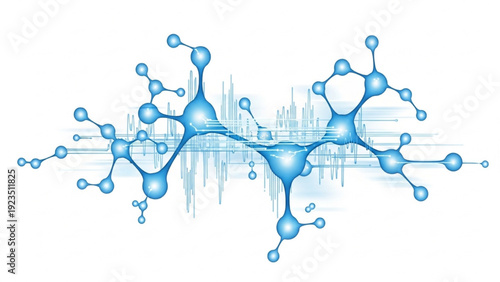Intricate abstract blue molecular network illustration with dynamic waveform elements, representing advanced science and technology
