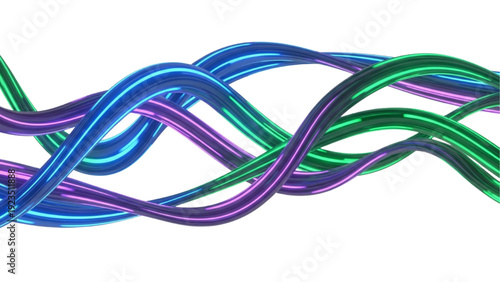 Vibrant abstract intertwined neon light cables creating a dynamic futuristic design against a clean white backdrop